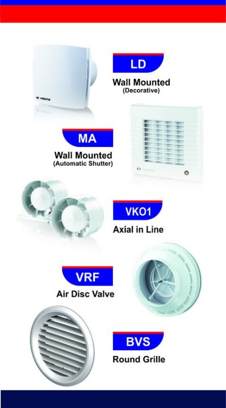 Axial wall & glass – mounted fans, axial inline fans and centrifugal fan type 
and gravity shutters, Air disk valves, ceiling diffusers & grills and flexible 
ducts for ventilation and heating